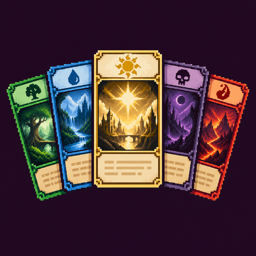 Five colorful pixel cards, the selected MagicPad logo